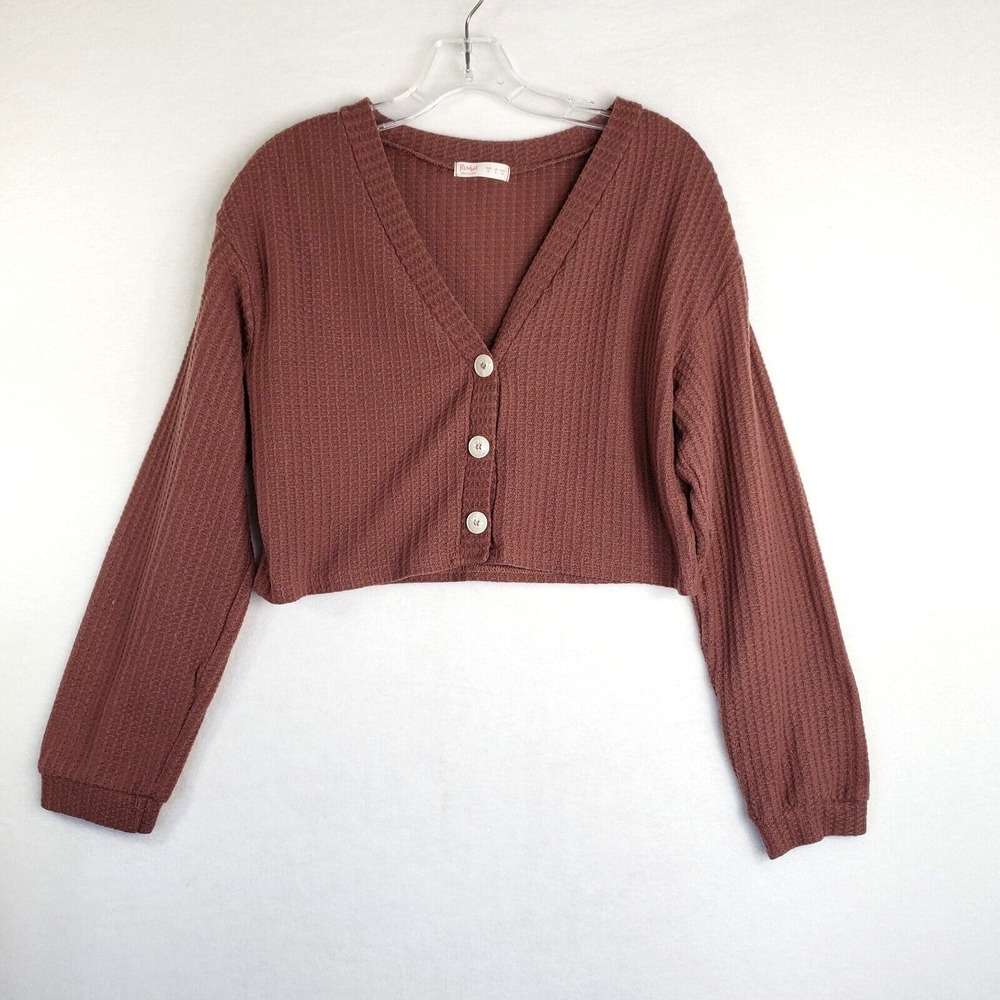 Romwe Cropped Cardigan Womens Medium Mauve Waffle Knit Long Sleeve Button Up Top - Picture 1 of 7